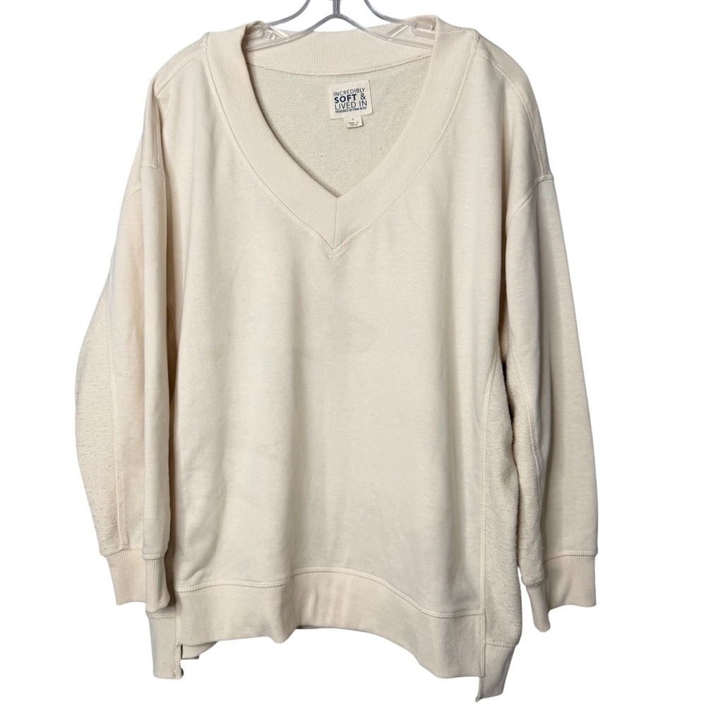 American Eagle V Neck Sweatshirt Womens L Cream Oversized Slouchy Lounge